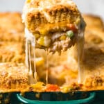 chicken pot pie coming out of a baking dish