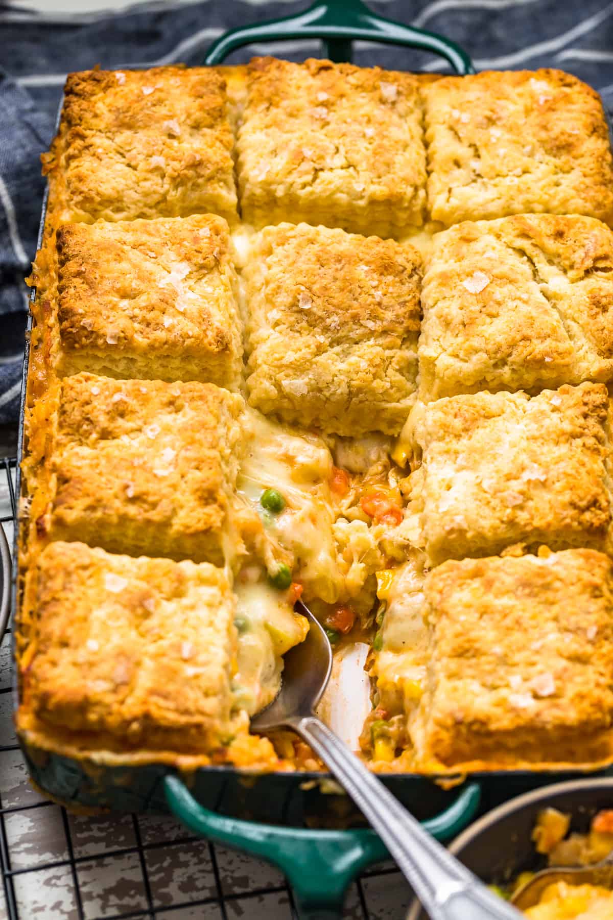 casserole dish with easy chicken pot pie recipe in it