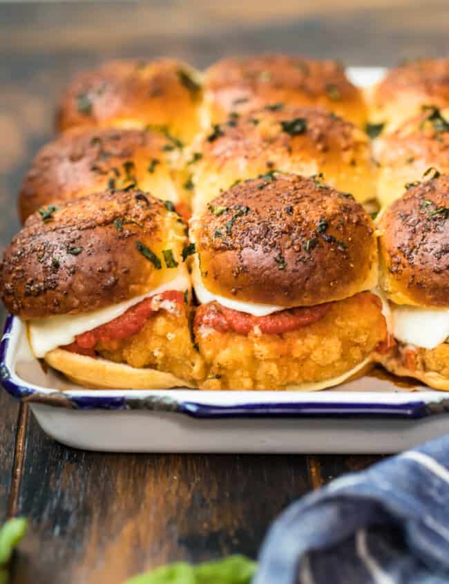 oven baked chicken parmesan sliders on a pan