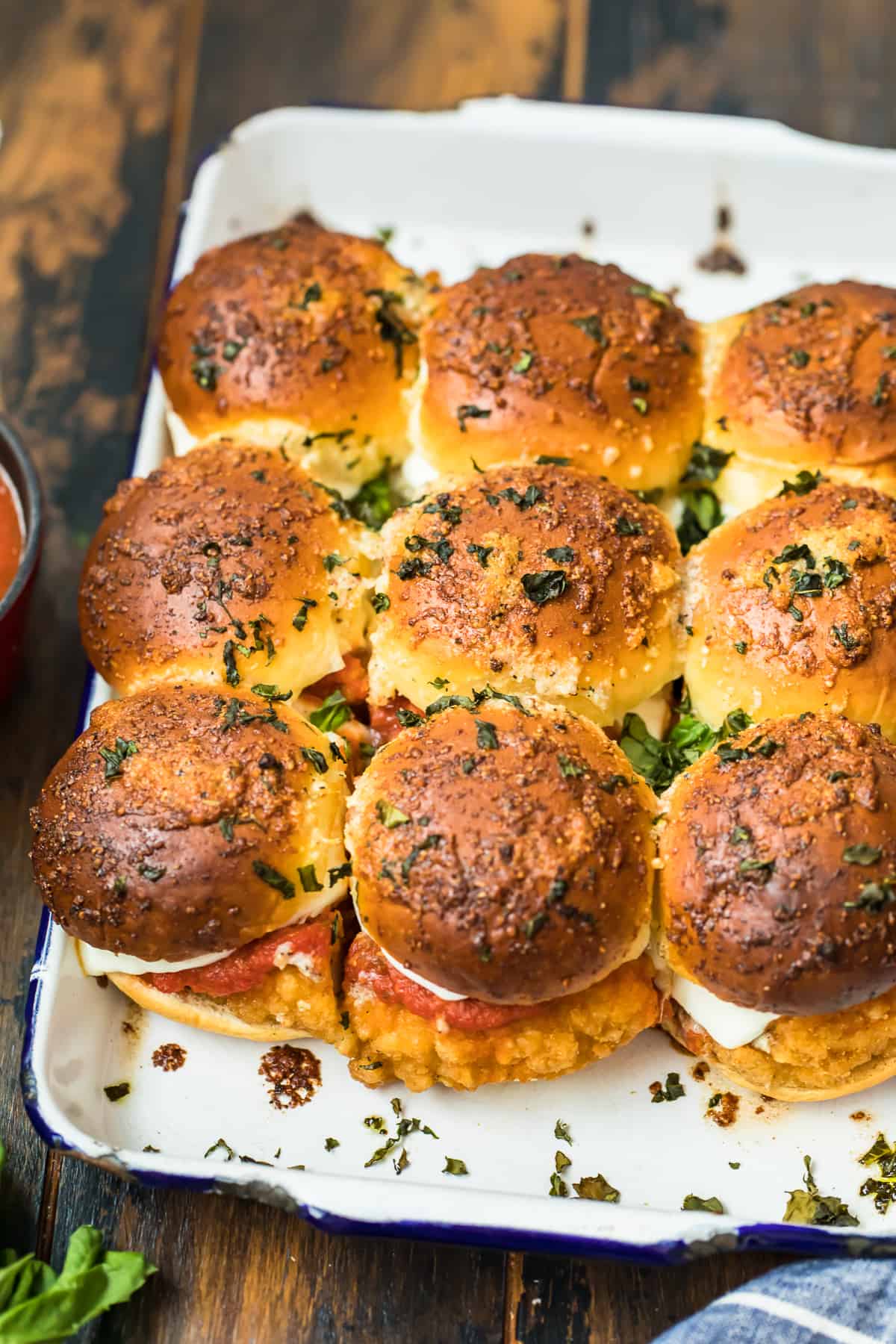 top down shot of chicken parmesan sliders