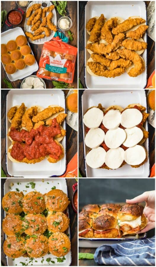 collage of steps for making chicken parmesan sliders