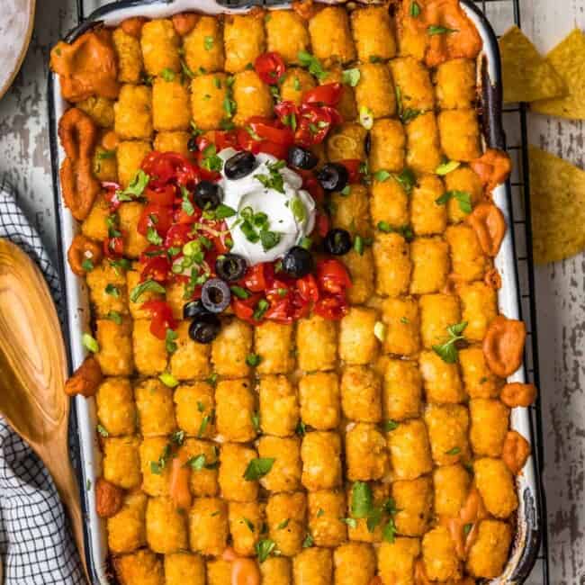 mexican tater tot casserole in a baking dish