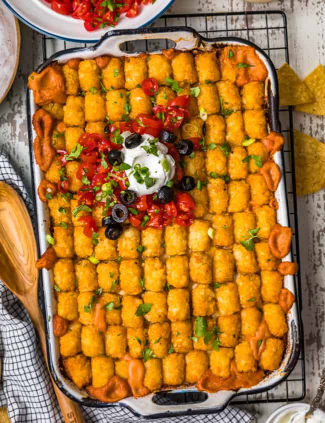 mexican tater tot casserole in a baking dish