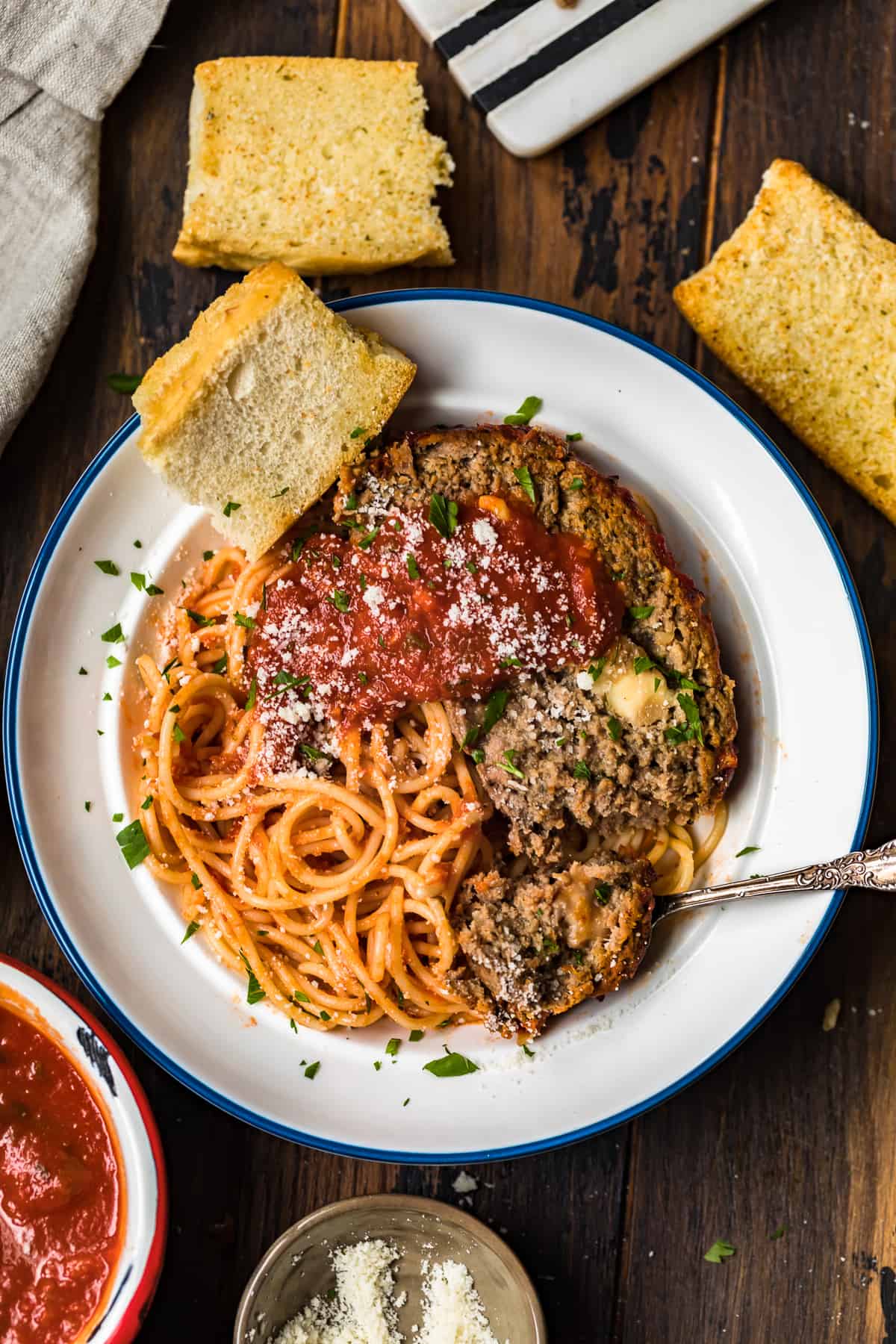 overhead shot of italian meatloaf on plate