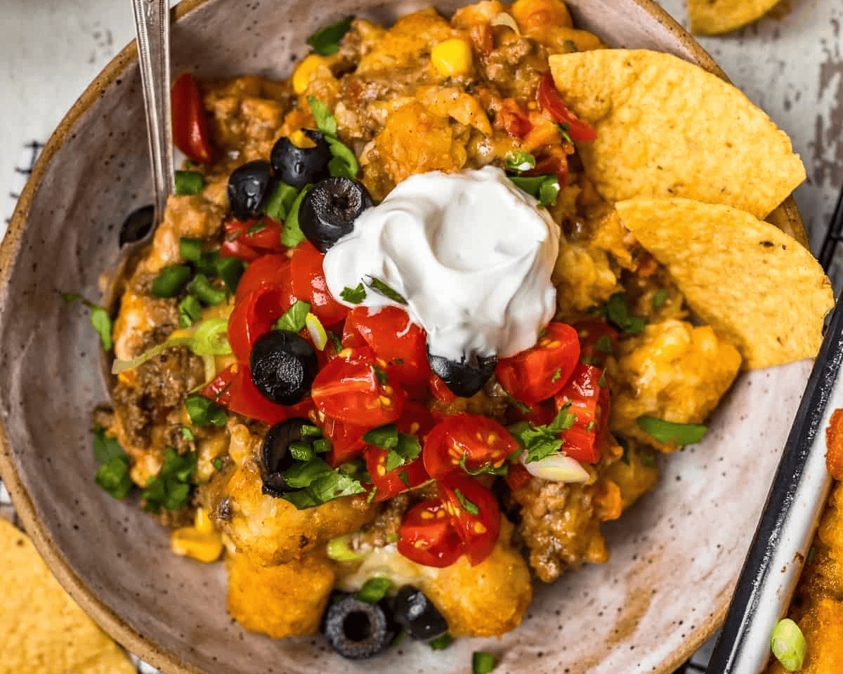 Mexican tater tot casserole on a plate garnished with sour cream, tomatoes, and olives.