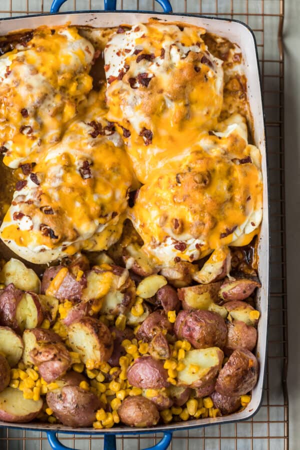 Bacon Crusted Chicken and potatoes in a casserole dish