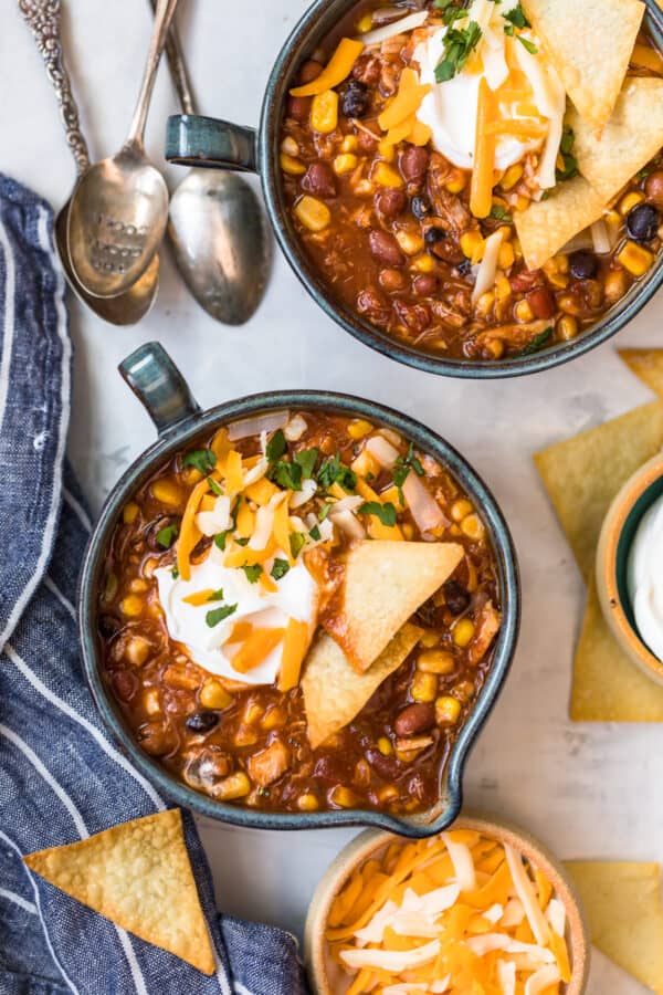 Two bowls of chicken taco soup