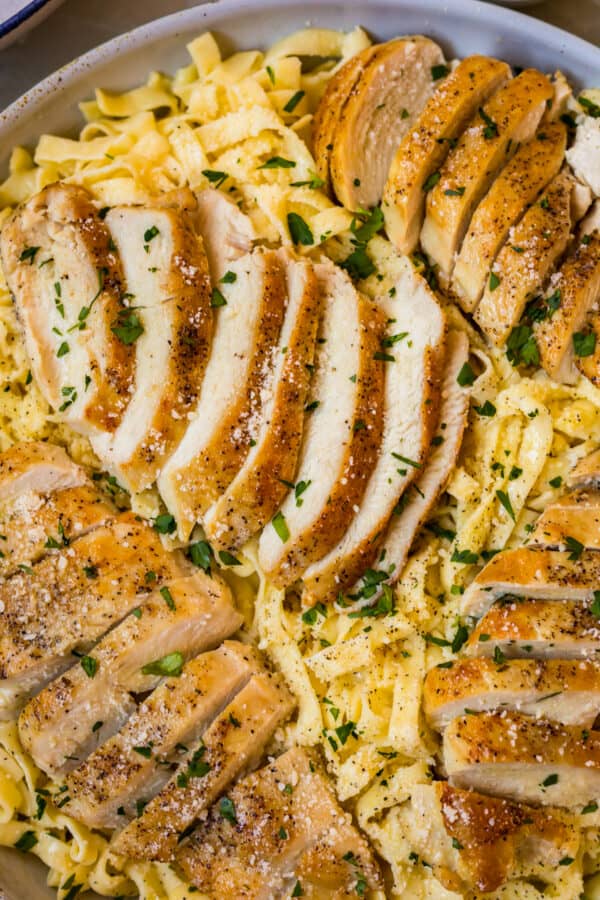 Chicken alfredo garnished with fresh herbs