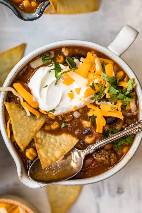 Overhead shot of a bowl of taco soup