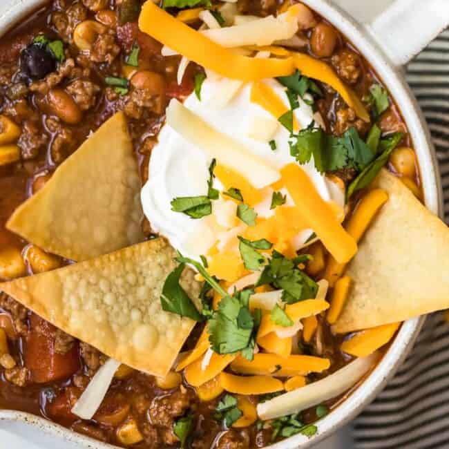 over the top view of easy taco soup in a bowl with chips