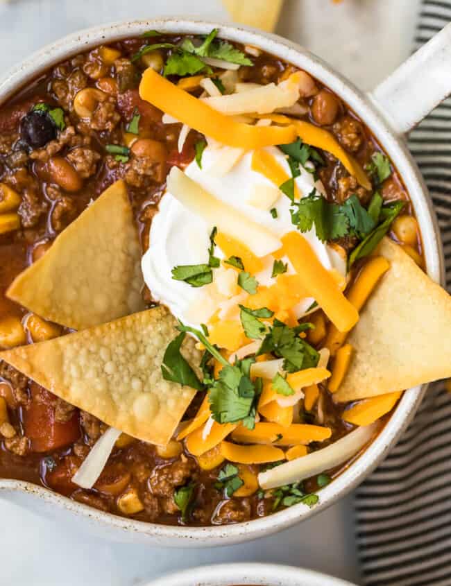 over the top view of easy taco soup in a bowl with chips