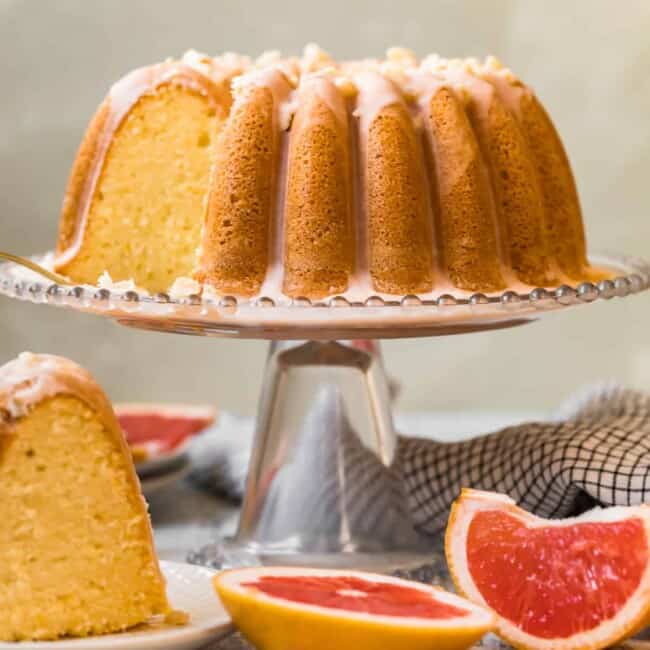 grapefruit bundt cake on a cake stand