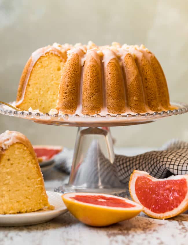 grapefruit bundt cake on a cake stand