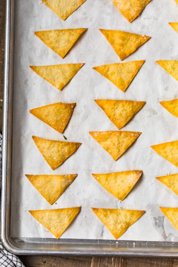 Wonton chips on a baking sheet