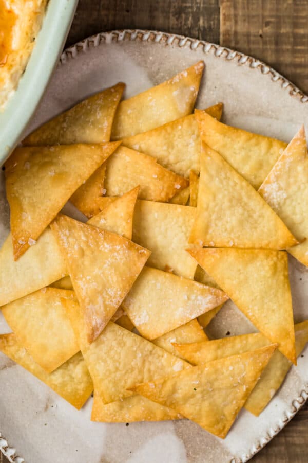 Baked wonton chips on a white plate