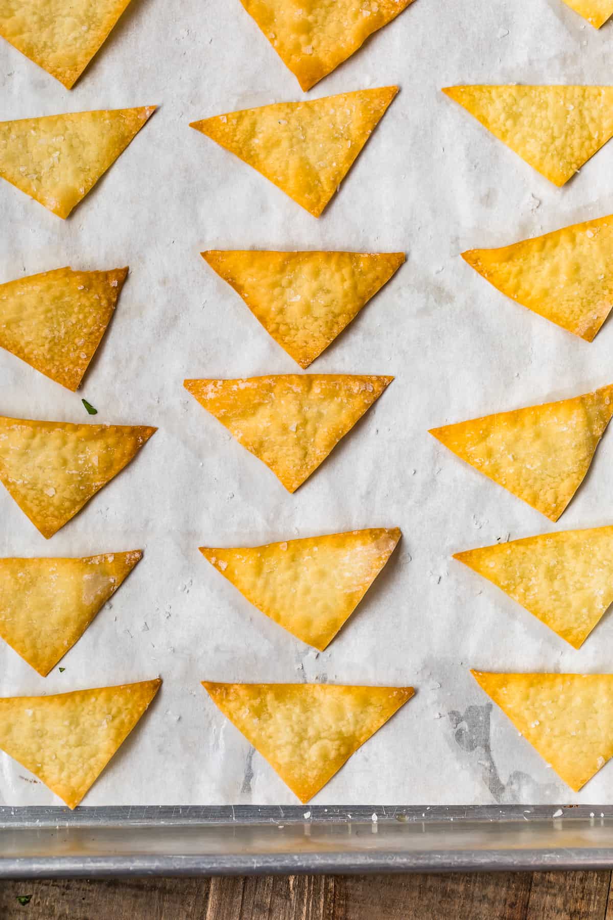 Wonton chips on a baking sheet