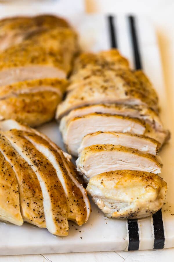 Pan seared chicken breasts sliced