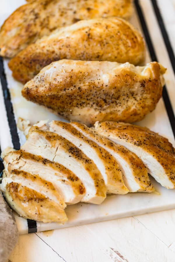 Pan seared chicken breasts ready to serve
