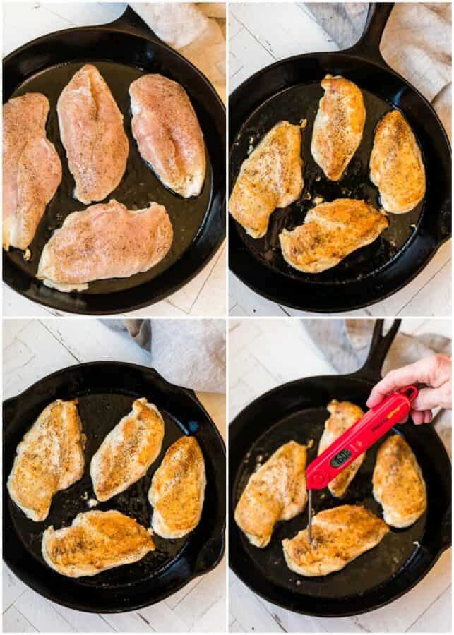 Four photos to show how to sear the chicken