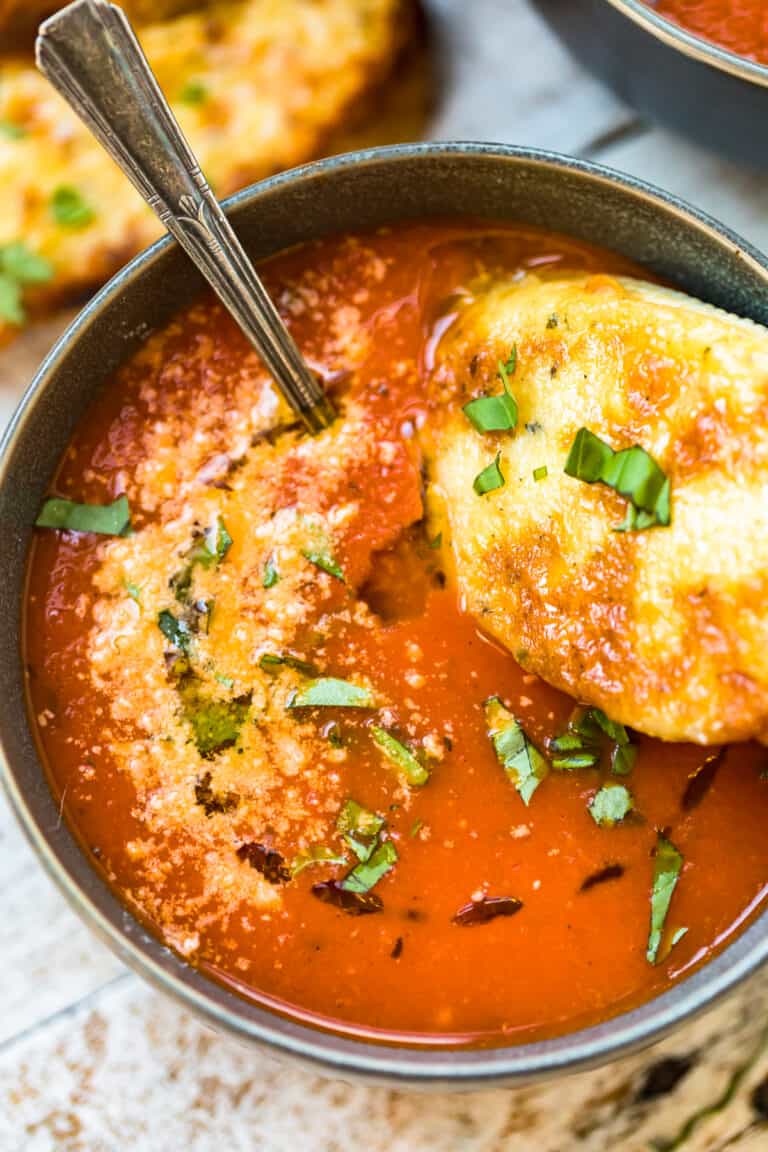 Tomato Soup with Cheesy Crostini (Canned Tomatoes)