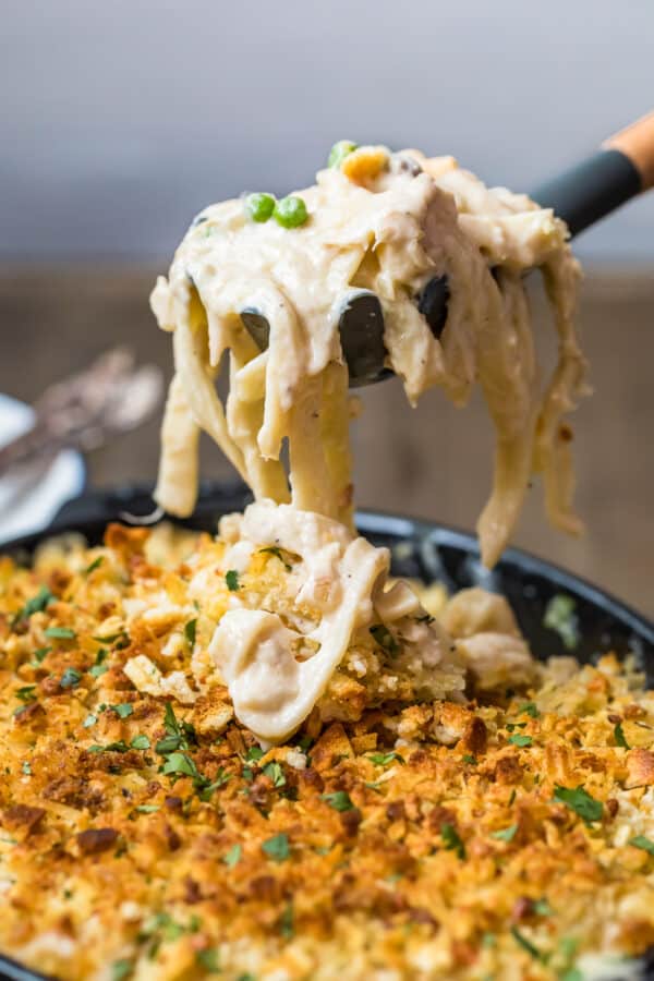 Tuna Noodle Casserole on a spoon to serve