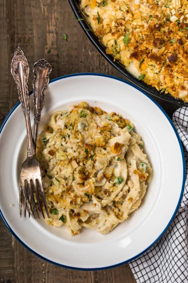 Tuna Noodle Casserole served on a white plate with a fork