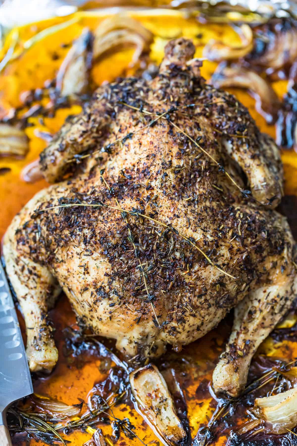 Whole roasted chicken covered with herbs