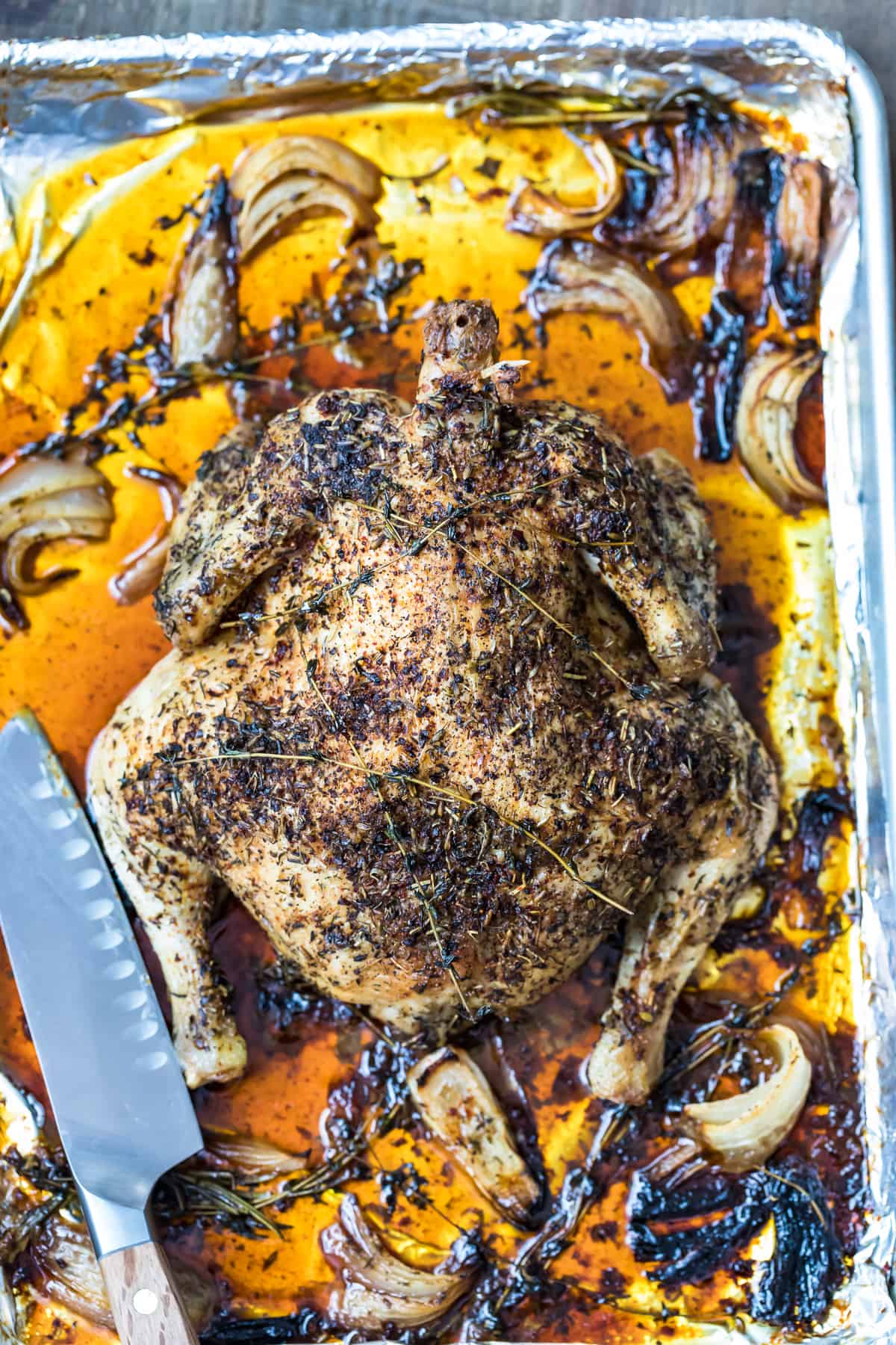 Whole roast chicken on a baking sheet with herbs and onions