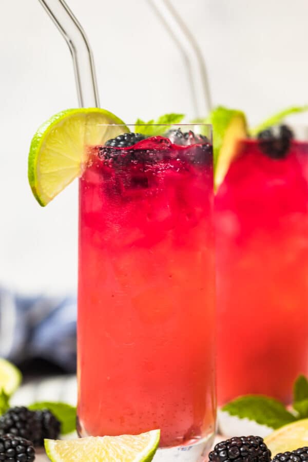 straight on shot of paloma with ice, lime, and blackberries