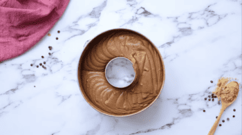 chocolate cake batter in a bundt pan.