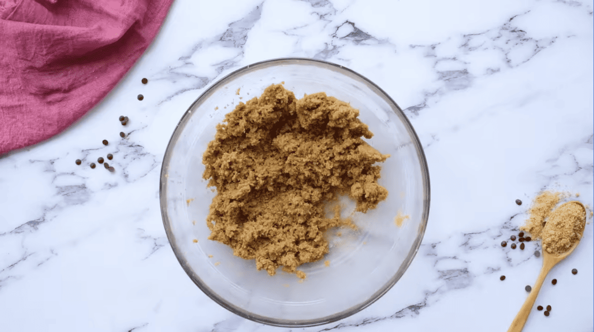 creamed brown sugar in a glass bowl.