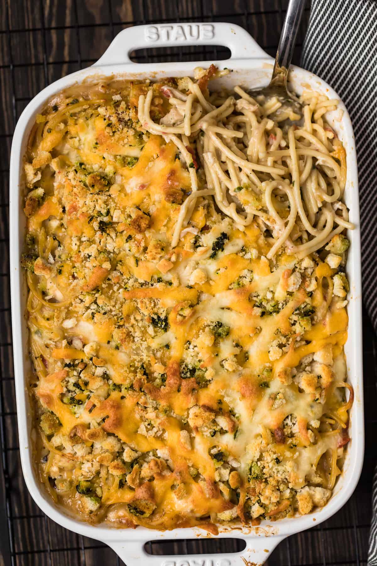 casserole dish full of creamy chicken spaghetti