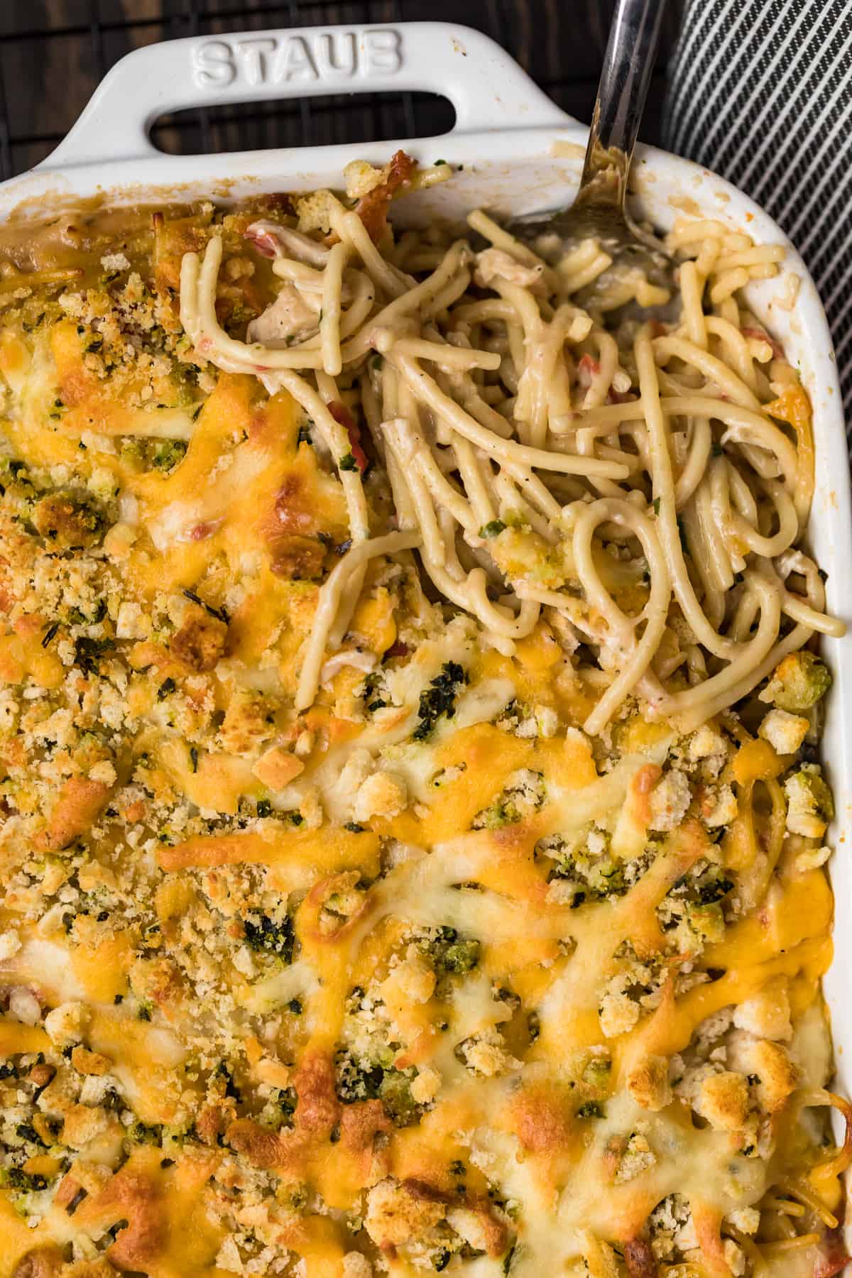 top down shot of creamy chicken spaghetti