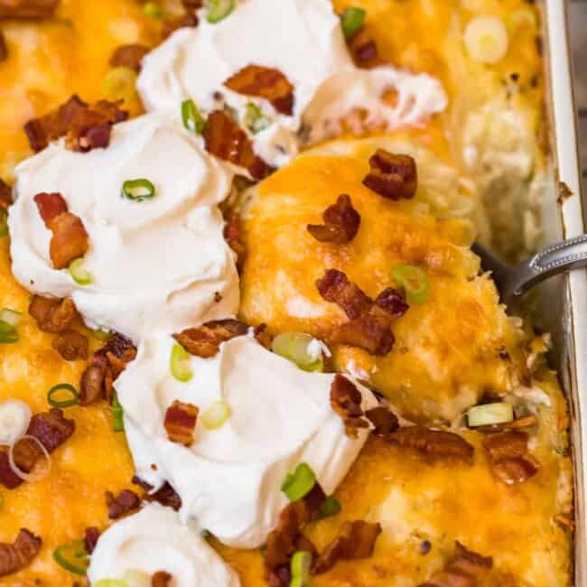 loaded hash brown potato casserole in baking dish