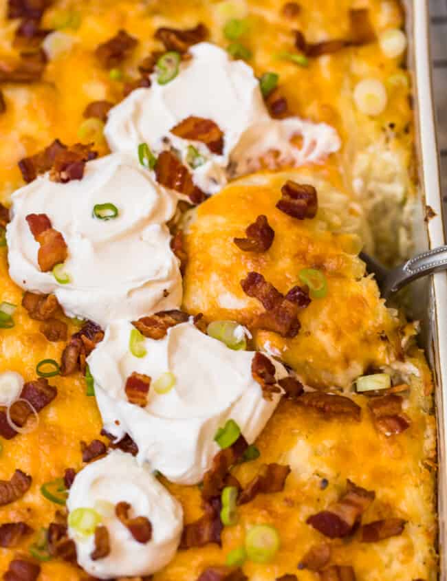 loaded hash brown potato casserole in baking dish