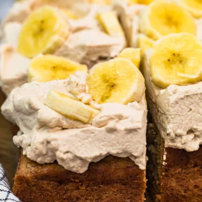banana cake with kahlua whipped cream and bananas