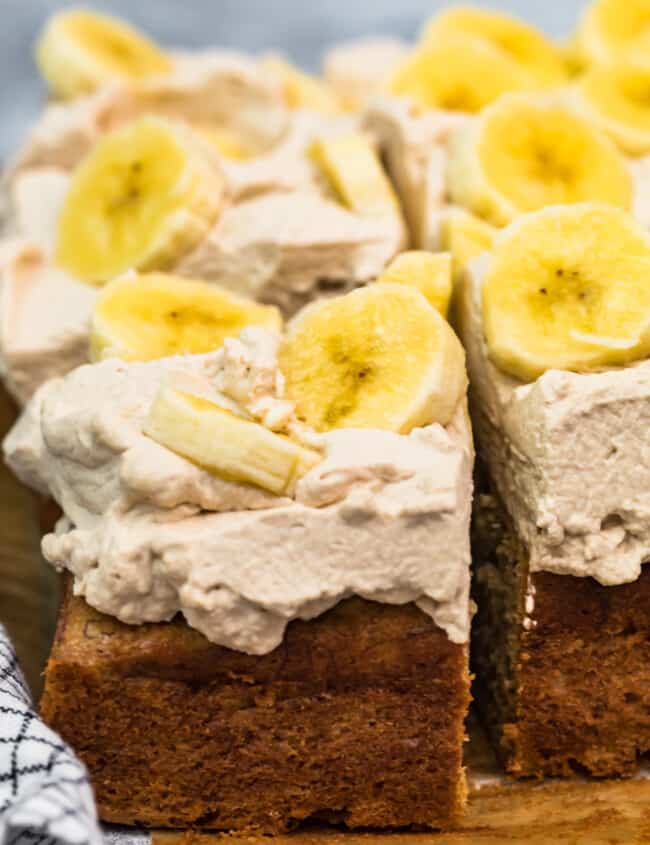 banana cake with kahlua whipped cream and bananas