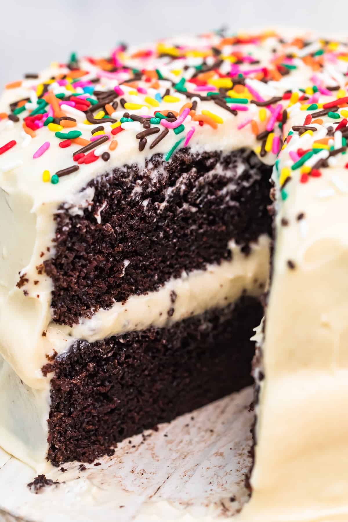 up close image of hershey chocolate cake with white icing