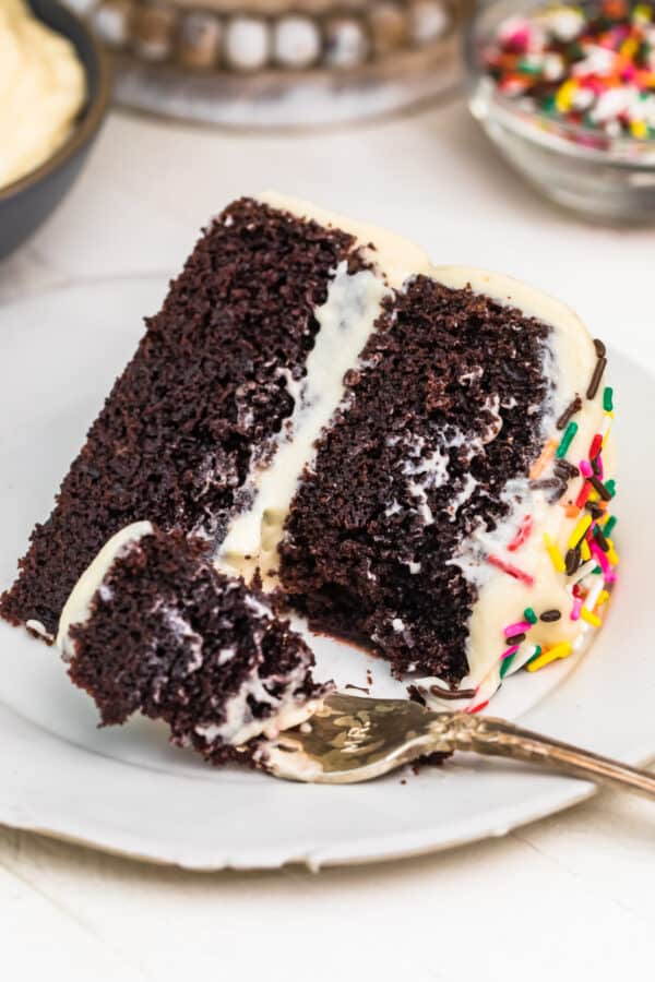 A piece of chocolate cake on a plate, with Icing and fork