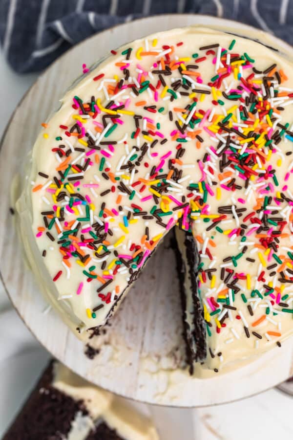 overhead image of chocolate cake with sprinkles