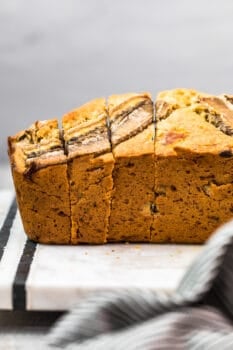 side view of sliced browned butter banana bread