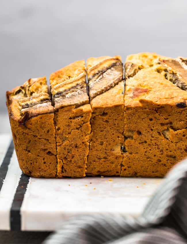 side view of sliced browned butter banana bread