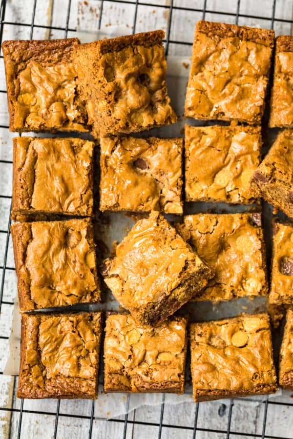 overhead image of sliced blondies with chocolate chips