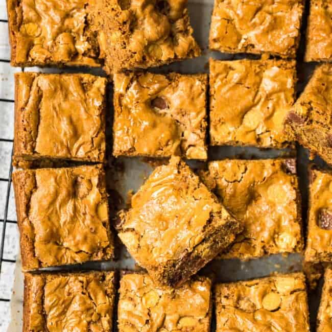 overhead image of sliced blondies with chocolate chips