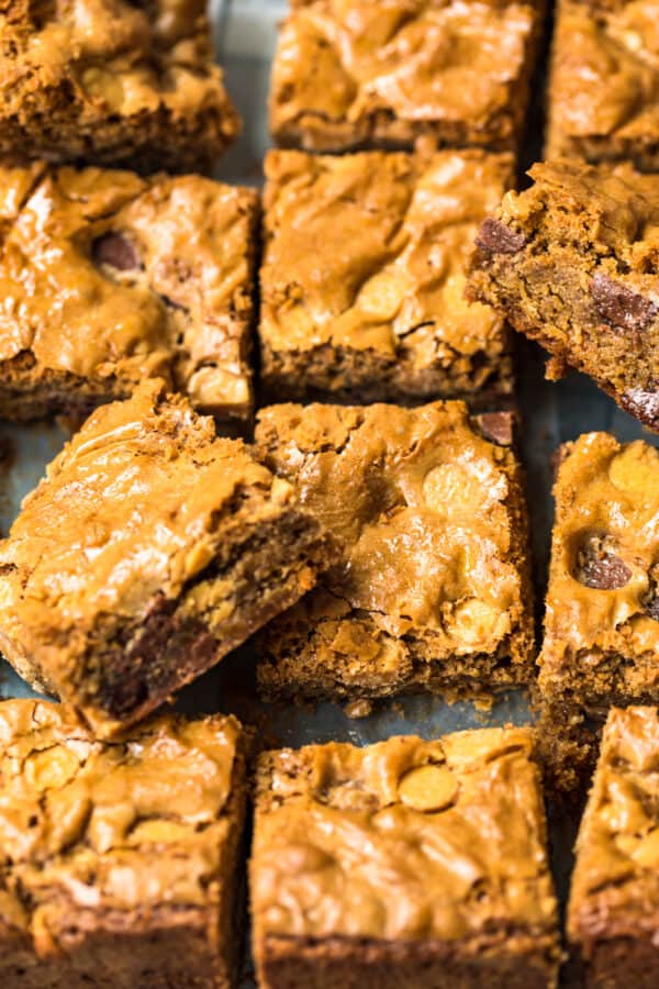 sliced blondies with chocolate chips and peanut butter chips