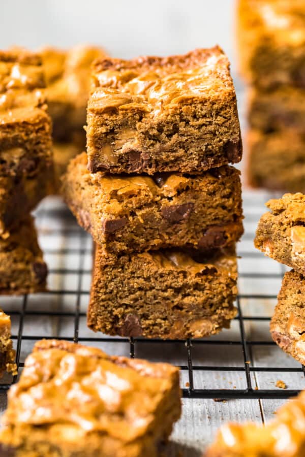 stacked blondies on wire rack