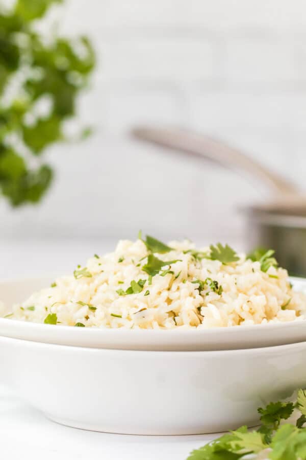 side image of rice in white bowl