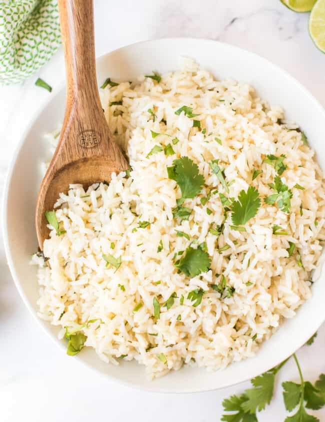 up close image of cilantro lime rice in bowl
