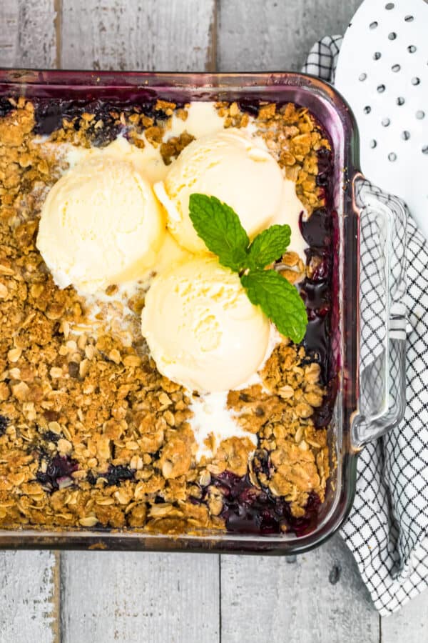 casserole dish of berry crisp