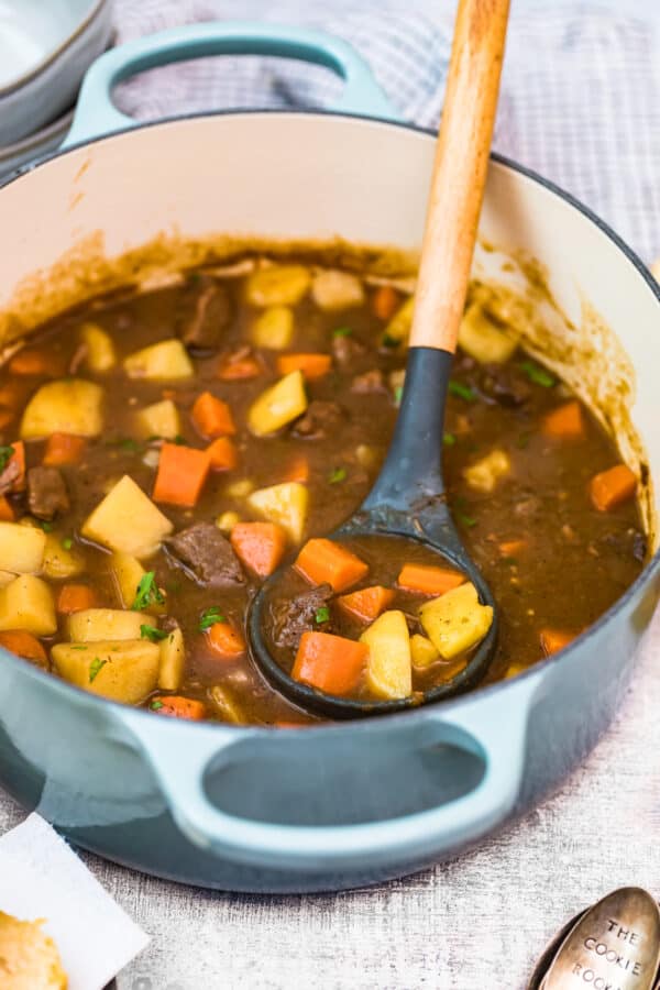 side shot of stew in dutch oven